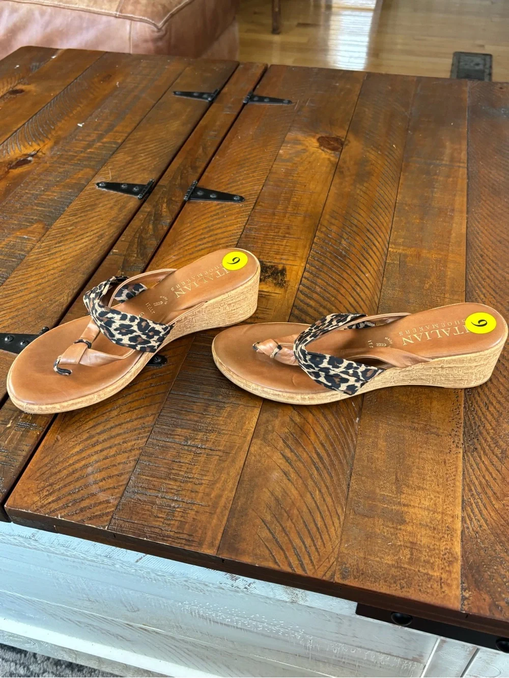 Italian Shoemakers Leopard Print Wedge Thong Sandals in Tan and Black